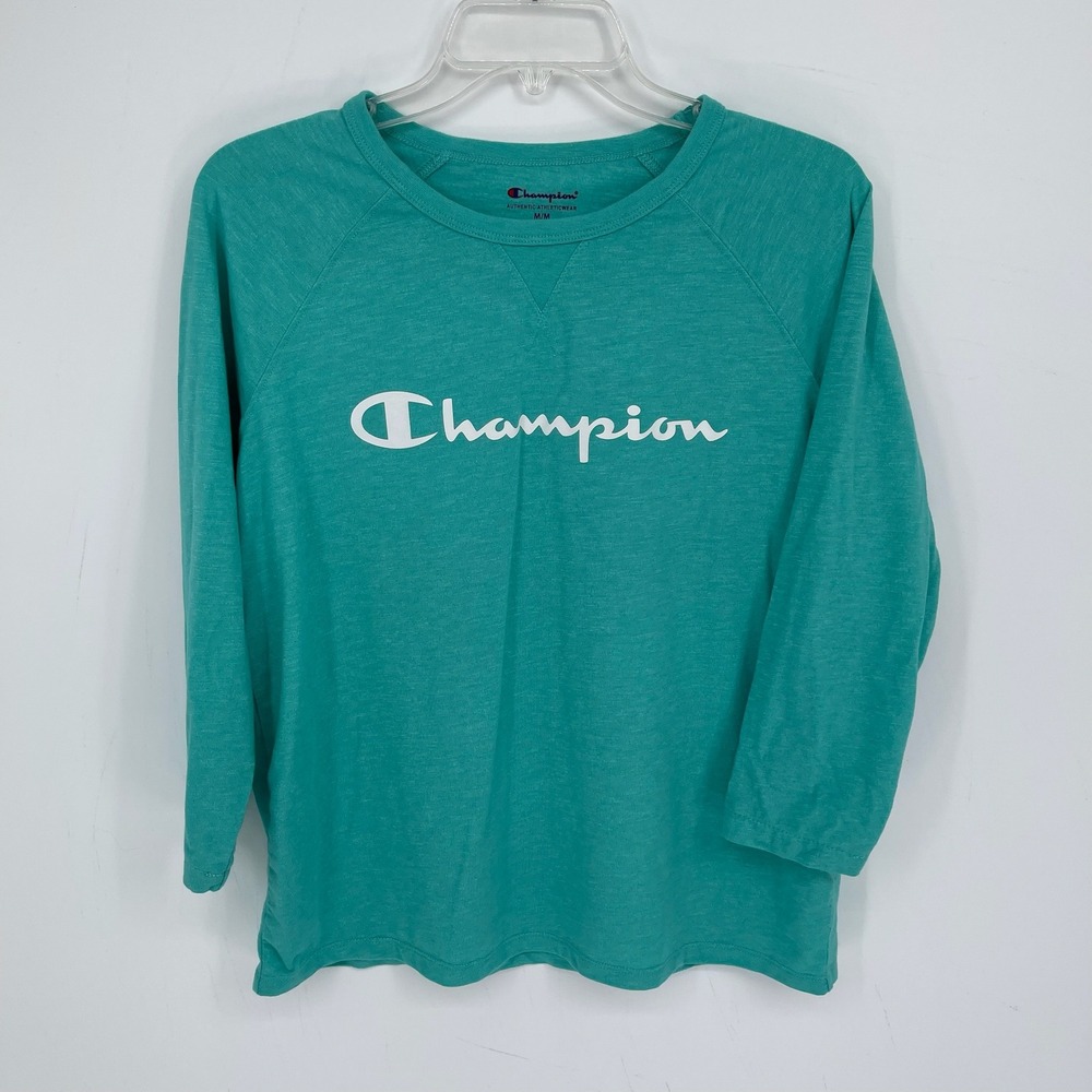 Champion Women's Green Logo Raglan‎ 3/4 Sleeve Stretch Baseball T-Shirt Size M